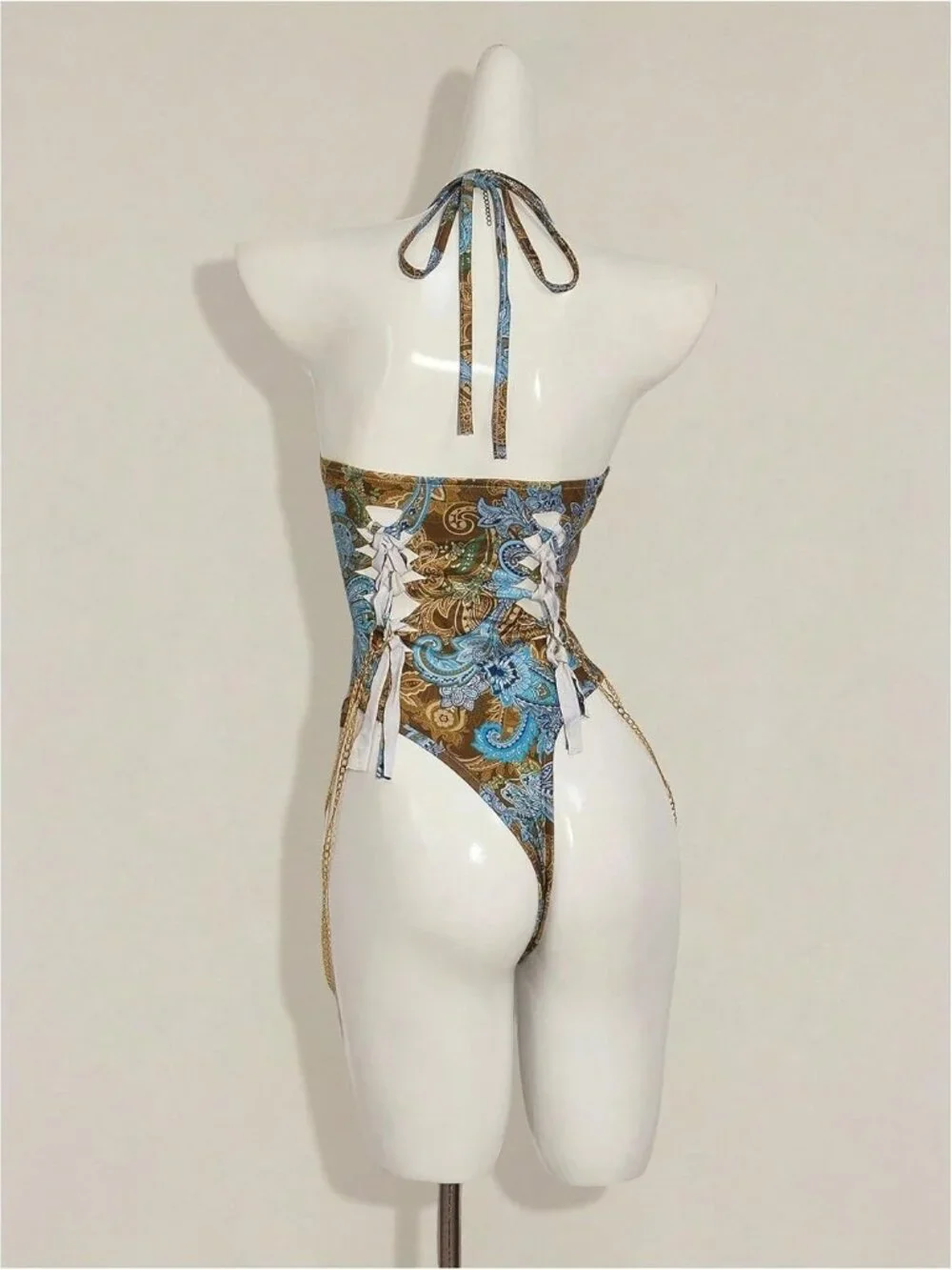 Women's Blue Gothic Cut Out Lace Up Bodysuit Going Out Halter Neck Rave